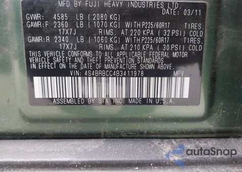 2011 Subaru Outback z USA, uszkodzony, nr VIN 4S4BRBCC4B3411978